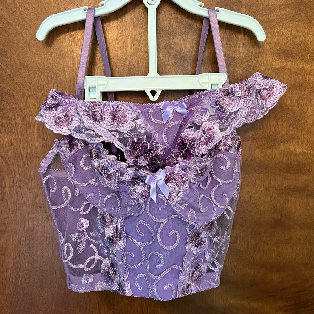Purple Lavender Floral Embroidered Lingerie Set M/L